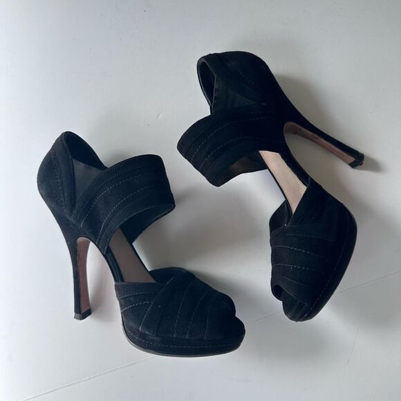 Prada Black Suede High Heel Peep Toe Bootie Style Sandals Size 38 - Picture 1 of 14